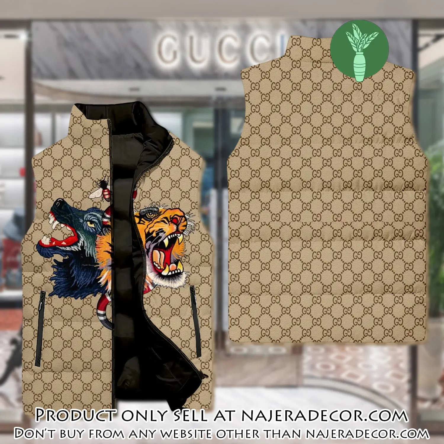 Gucci tiger & wolf luxury brand 3d sleeveless down jacket njr3557362
